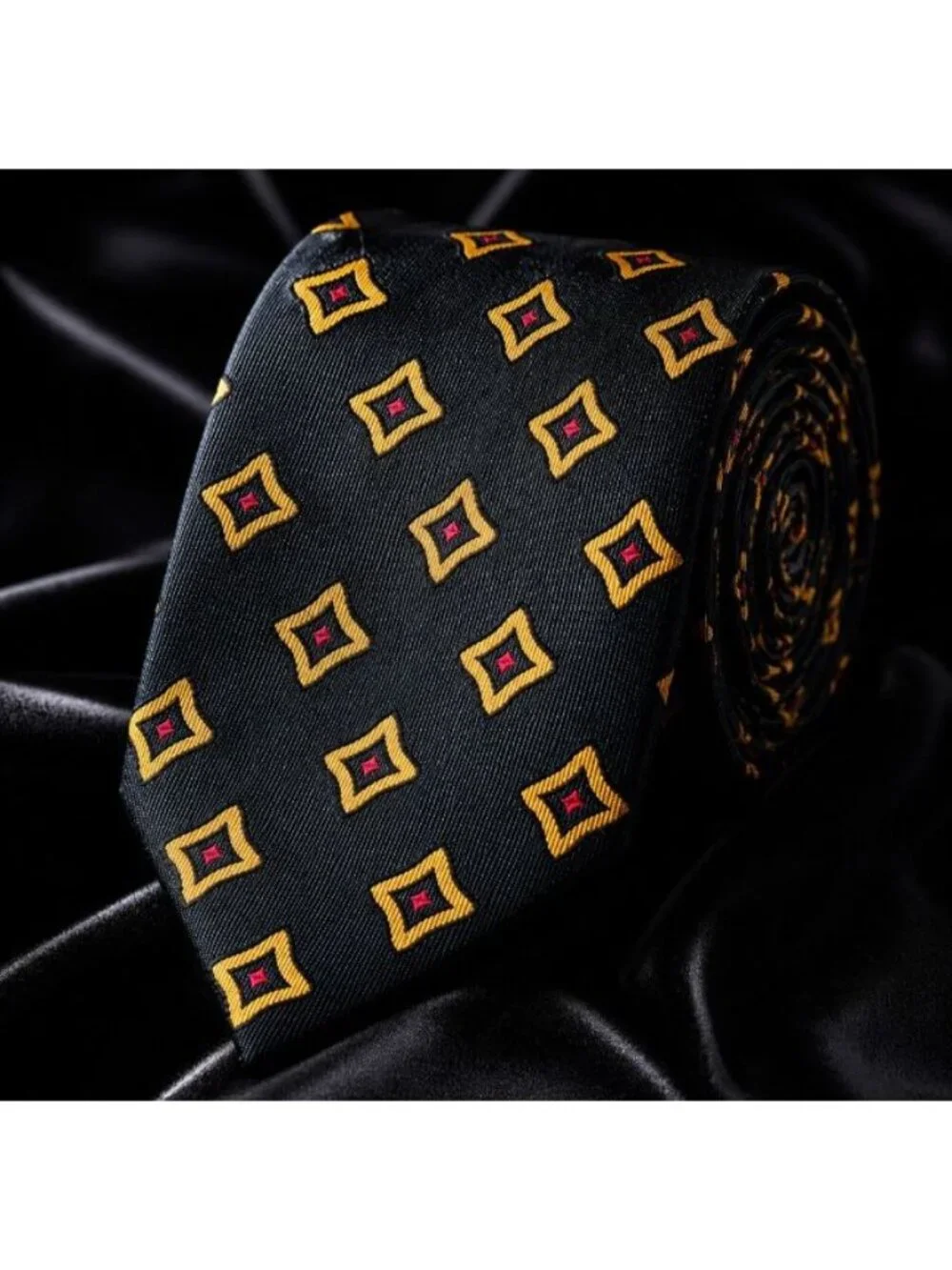 Paul Fredrick 100% Silk Tie USA Made Black Gold Red Geometric Necktie